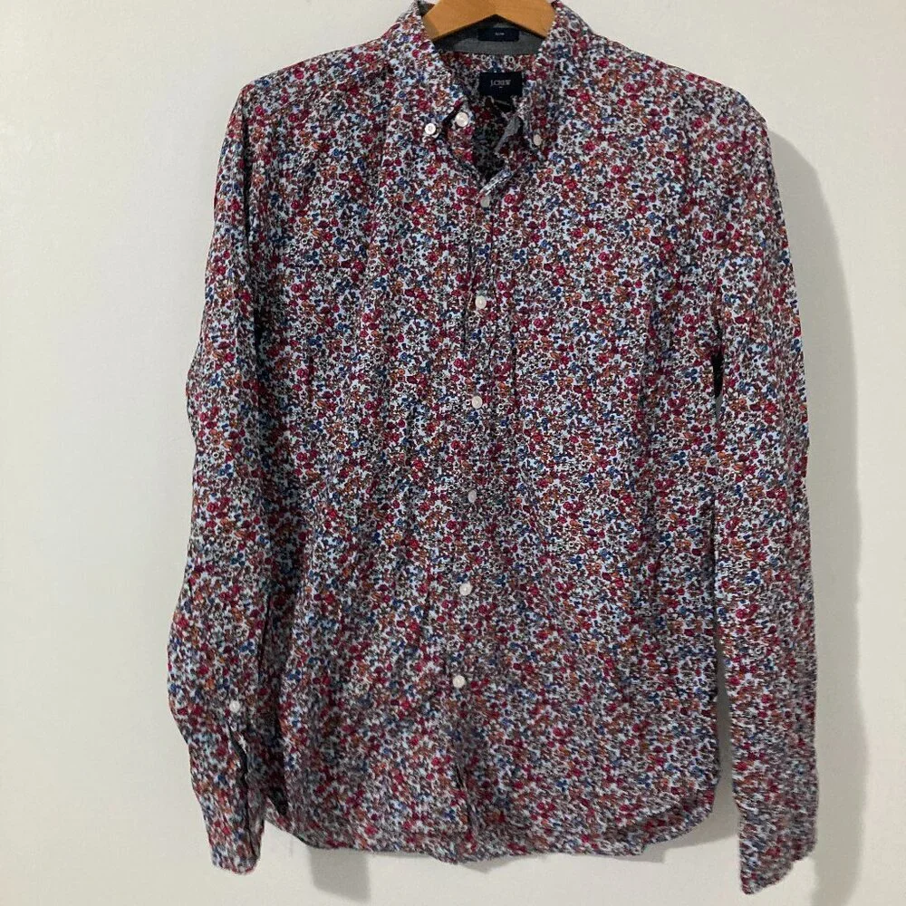 J Crew Shirt Mens‎ L Red White Floral Print LS Button Down All Over Print